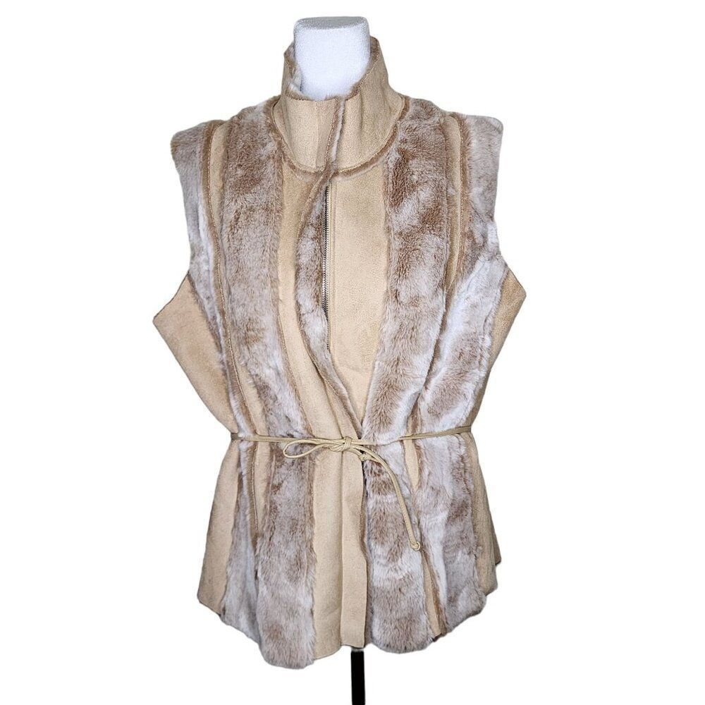 Waist Tied Faux Fur Vest Womens Size XL Camel Beige Festival Boho